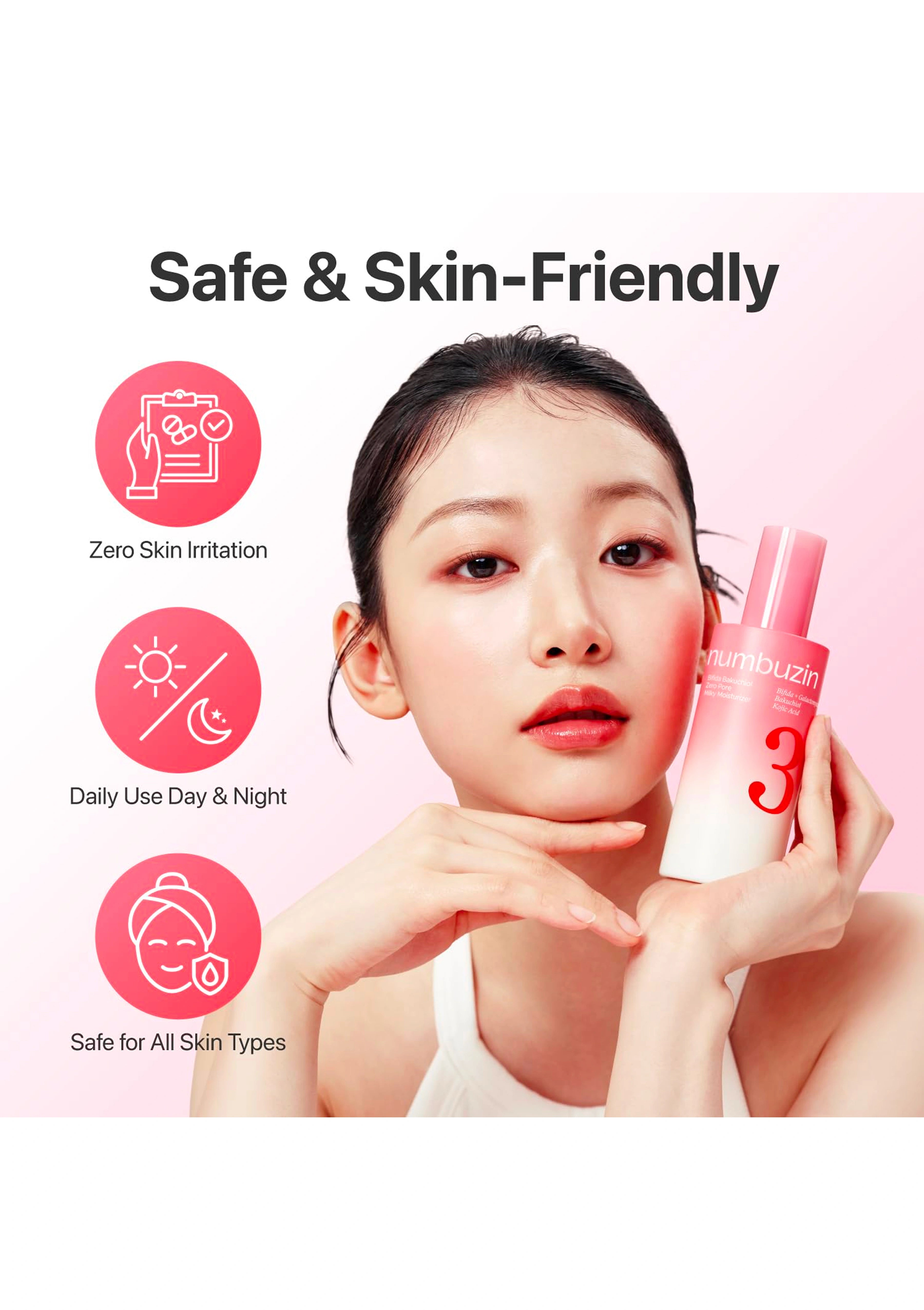 Woman holding skincare product with 'Safe & Skin-Friendly' text and icons on a pink background